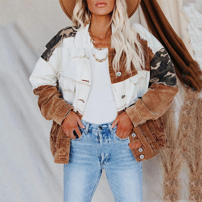 Lapel Retro Camouflage Corduroy Jacket - RIFTOO