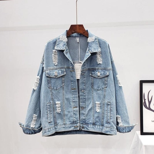 Women’s Ripped Denim Jacket – Korean Style Heavy-Duty Look - RIFTOO