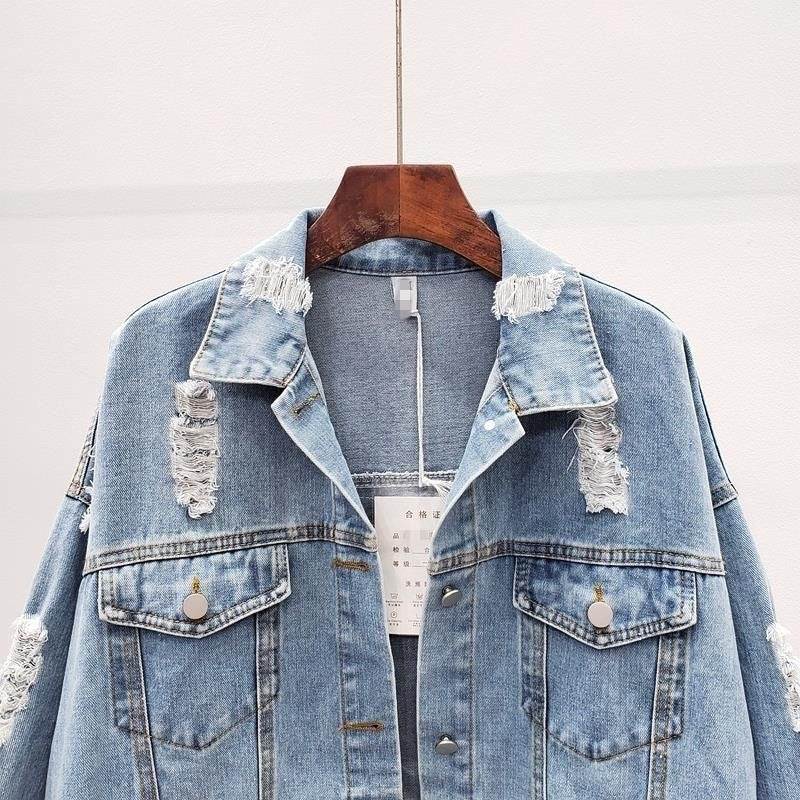 Women’s Ripped Denim Jacket – Korean Style Heavy-Duty Look - RIFTOO
