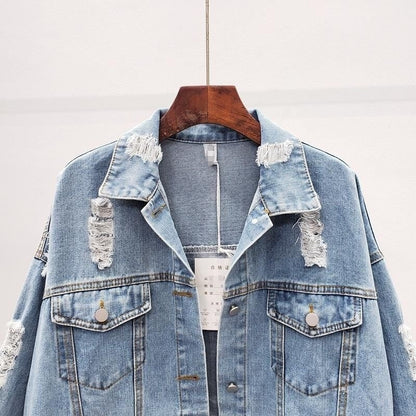 Women’s Ripped Denim Jacket – Korean Style Heavy-Duty Look - RIFTOO