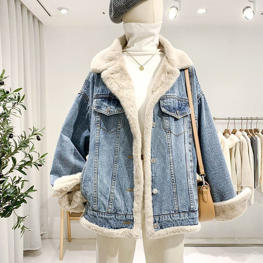 Women’s Lambswool Denim Coat – Loose Fit Casual Jacket - RIFTOO