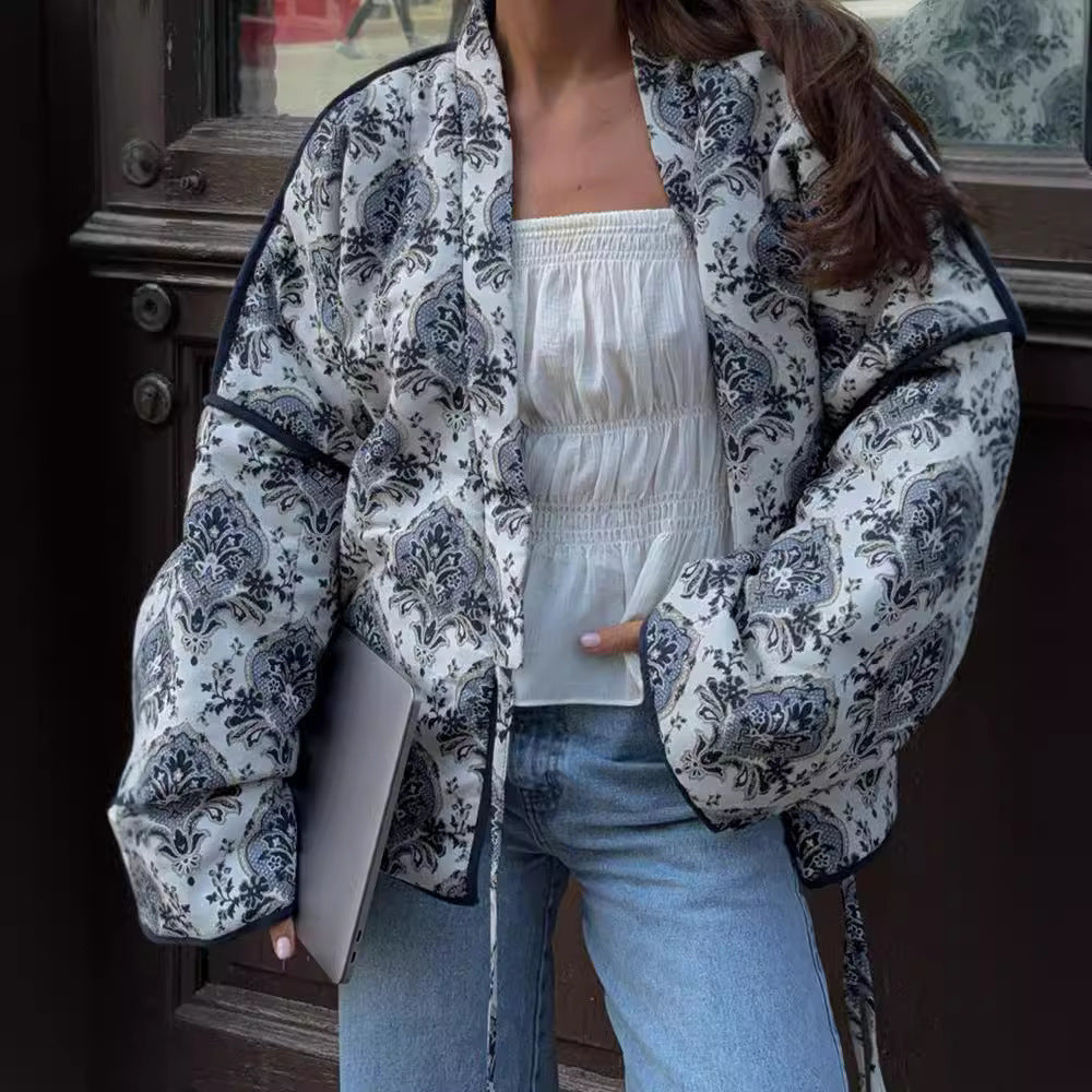 Lace-Up Printed Jacket Coat – Stylish Women’s Outerwear - RIFTOO