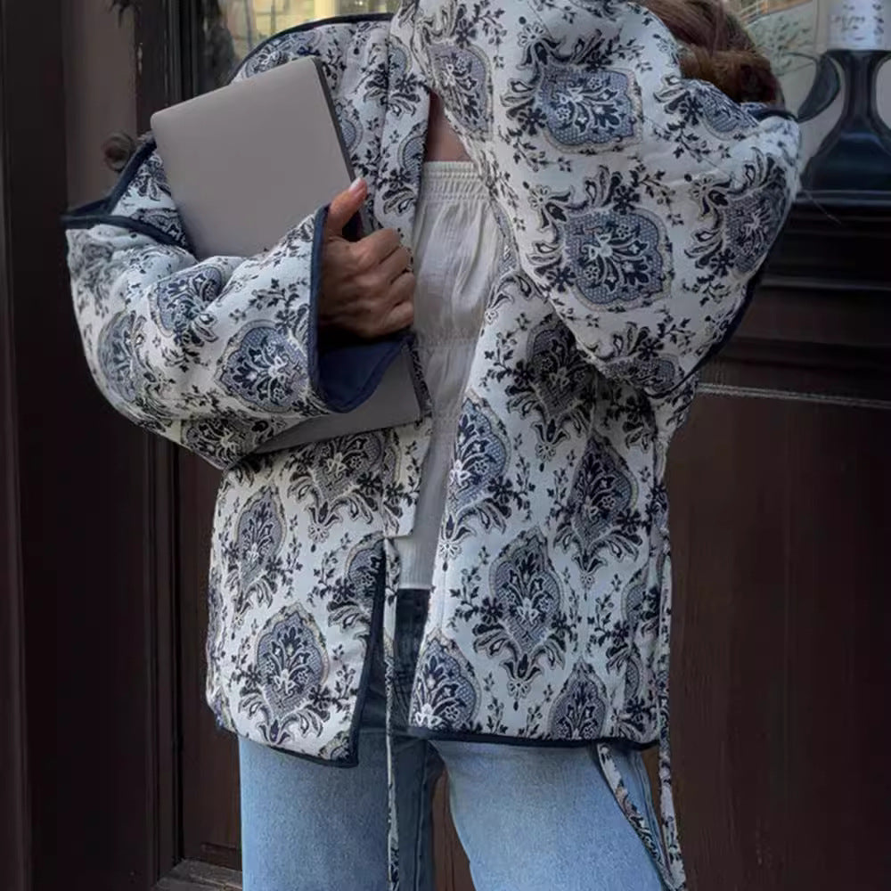 Lace-Up Printed Jacket Coat – Stylish Women’s Outerwear - RIFTOO